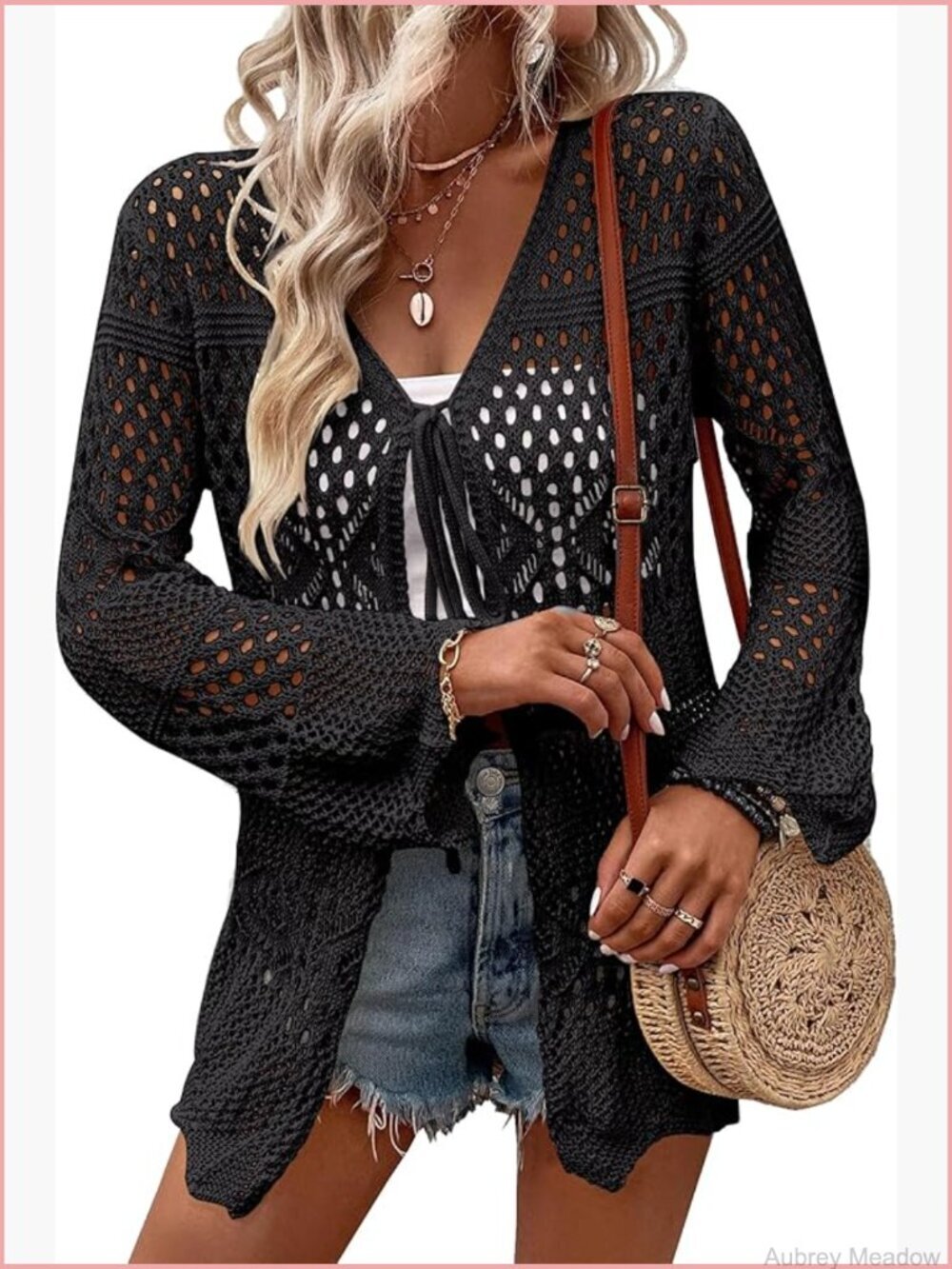 Lightweight Crochet Long Sleeve Cardigan Tie Front Open Front V-Neck